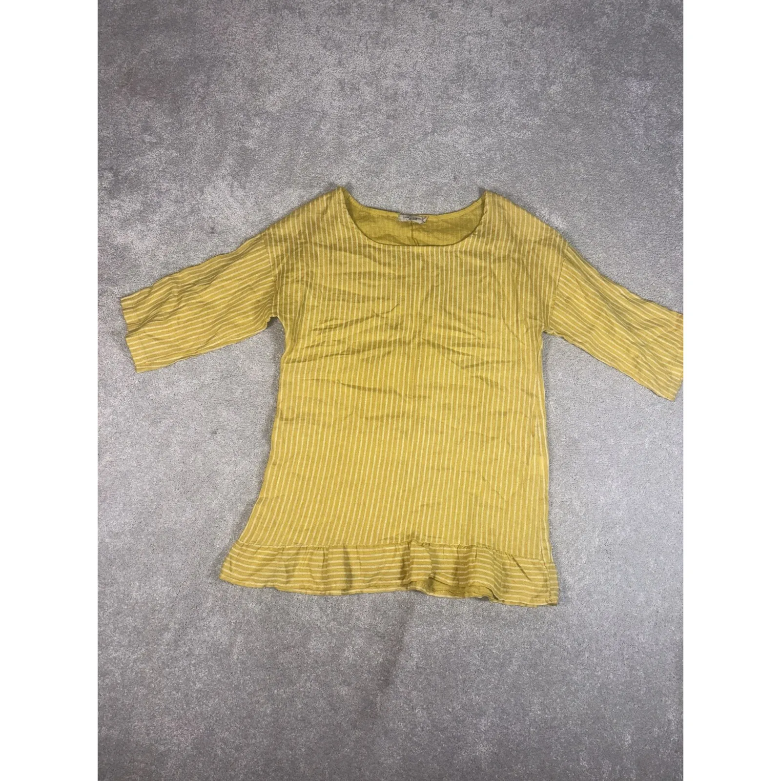 Lungo L'Arno Striped Yellow 100% Linen‎ Tunic Top Ruffle Trim 3/4 Sleeve Small - Image 5