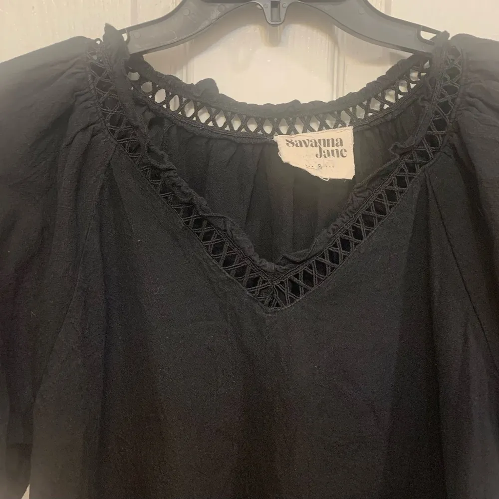 Savanna Jane Puffed Embroidered Sleeves Linen Blouse 1174 Black - Image 2