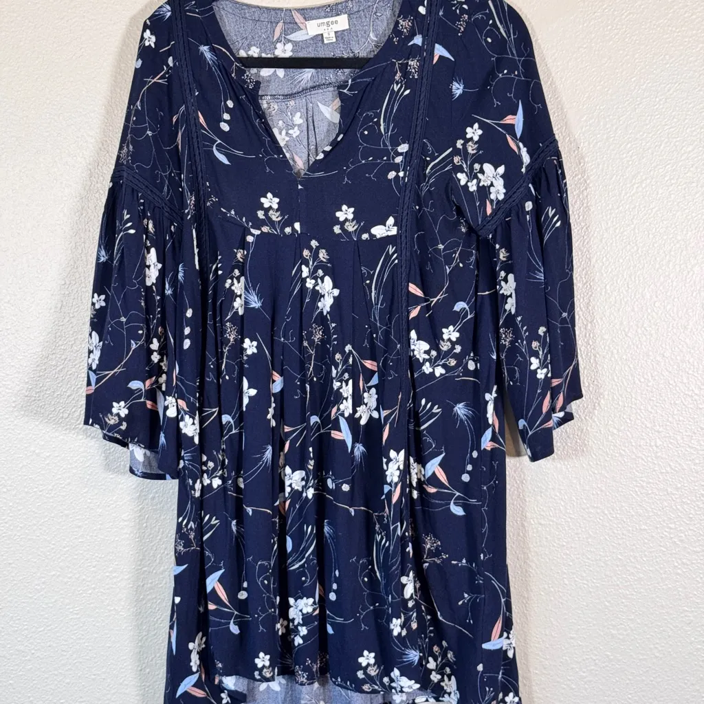 Umgee Blue Floral Bell Sleeve Mini Dress Womens M Boho Crochet Festival Tunic - Image 9