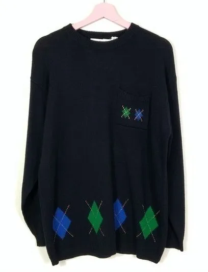 Weathervane Vintage Argyle wool blend crew neck sweater NWT Dead Stock Black Size M - Image 1