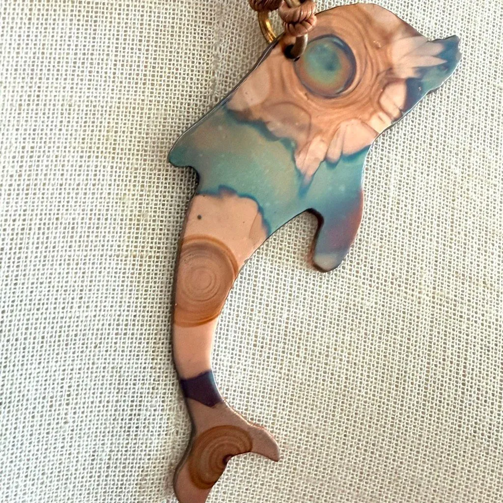 Artisan Copper Dolphin Pendant Necklace Boho Adjustable Cord - Image 4