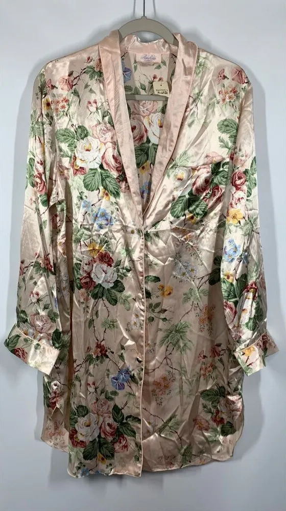 Amelia's Womens Floral Button Front Long Sleeve Satin Nightdress Multi Large NWT Pink - Image 1
