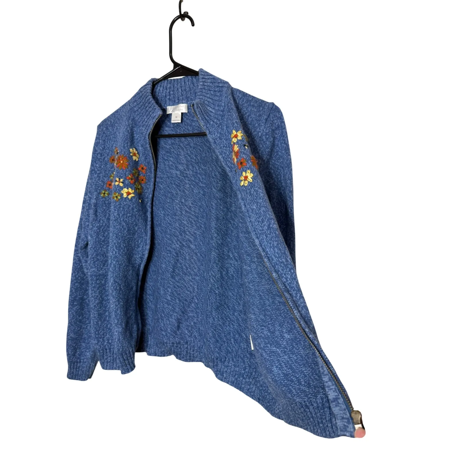 Christopher & Banks Blue Floral Embroidered Zip Up Cardigan Sweater Womens M - Image 5