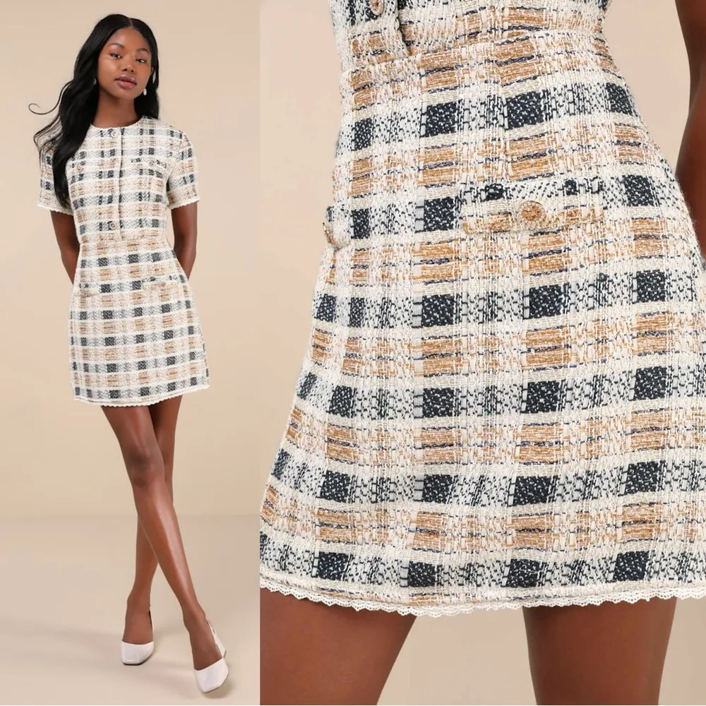 NWT Lulus Uniquely Posh Beige Tweed Sequin Lurex Short Sleeve Mini Dress Size L Gold Size L - Image 2