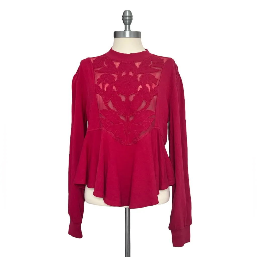 Anthropologie Cutwork Swing Top Pink Embroidered Floral Sweatshirt NWT Size XS - Image 6