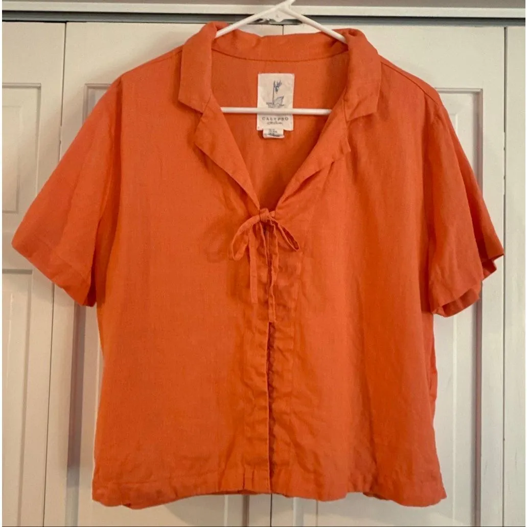 Calypso St. Barth  100% linen coral tie front button down M - Image 2