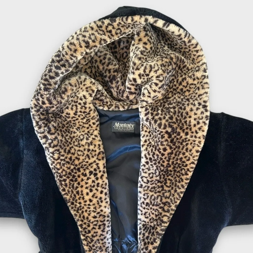 Vintage Monterey Fashions Faux Fur Coat Leopard Print Black Belted Women’s Large - Image 5