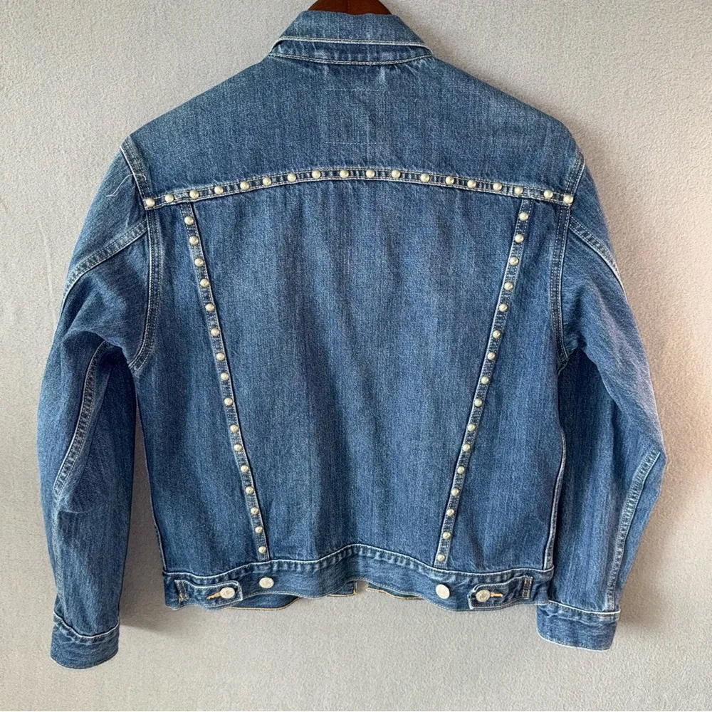 Levi’s Studded Blue Denim Trucker Statement Edgy Jean Jacket Women’s Medium - Image 5
