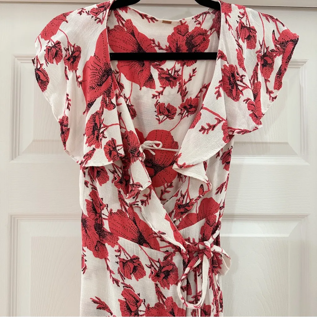 FREE PEOPLE FRENCH QUARTER BOHO MINI WRAP DRESS Flutter White Red sz XS - Image 7