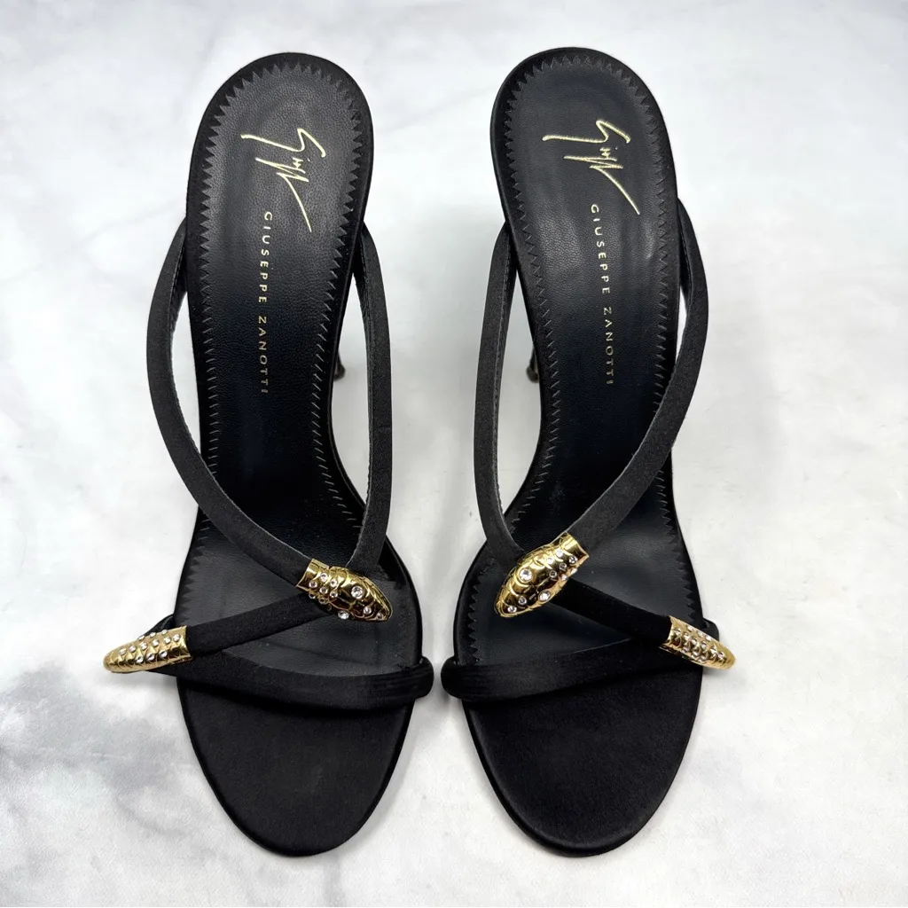 Giuseppe Zanotti Aleesha Serpent Snake Embellished Silk Satin Mule Sandal Heels - Image 4