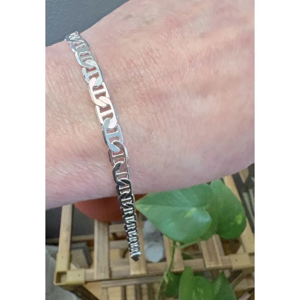 Unisex White Gold Plated 925 Sterling Silver Flat Chain Mariner Link Bracelet 8” - Image 5