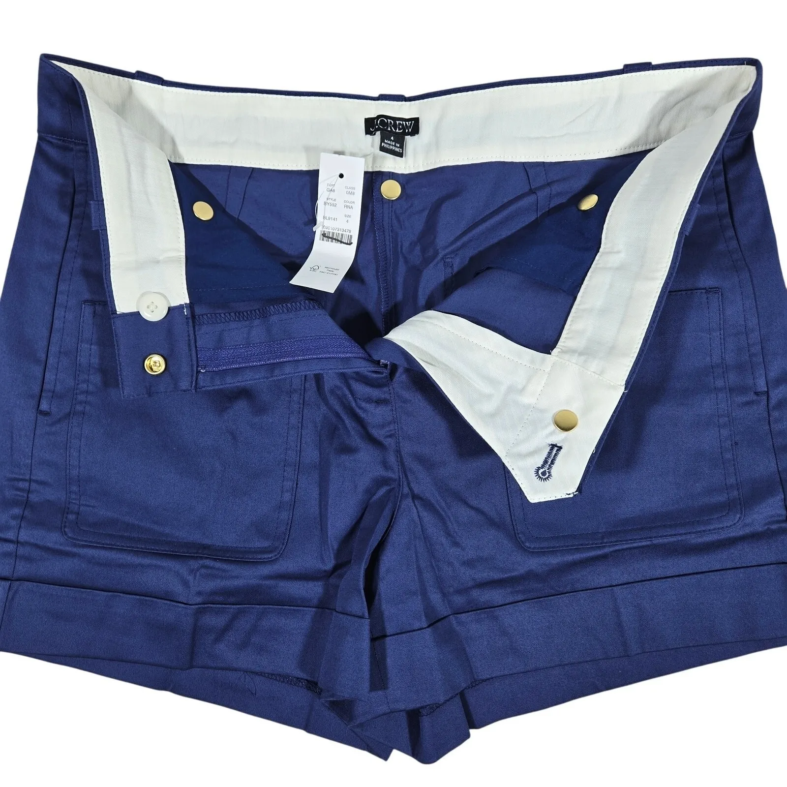 J‎ Crew High Rise Cuffed Shorts Navy Blue Cotton Blend Size 4 Gold Button Detail - Image 4