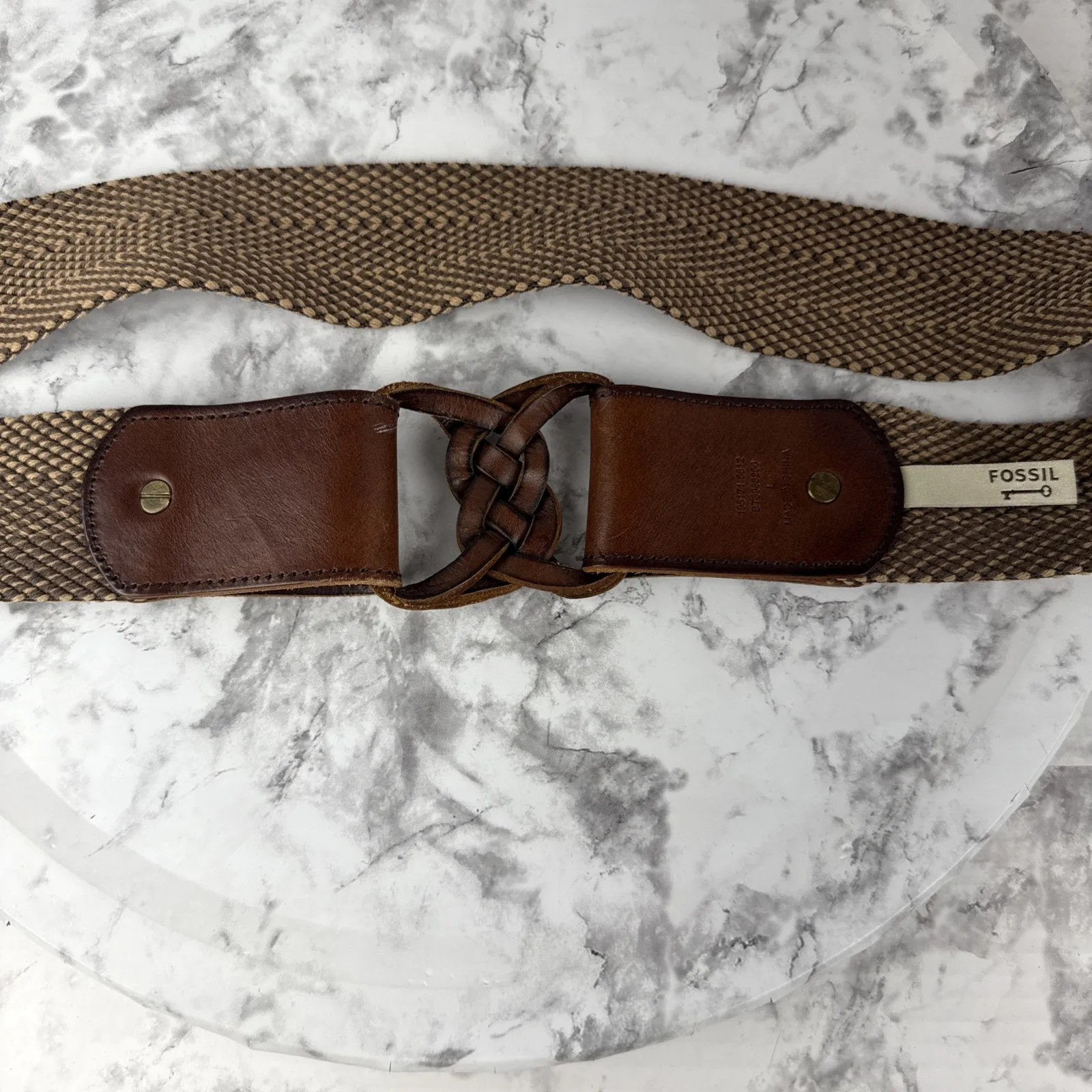 Fossil Womens Brown Tan Herringbone Woven Wide Belt Brown Leather Buckle Size L - Image 5