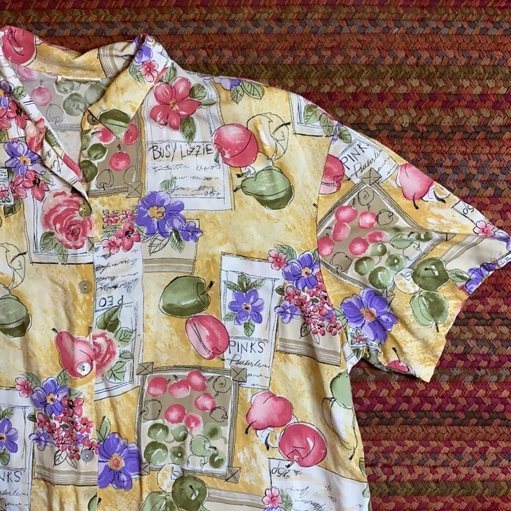 VTG COTTAGE CORE GRANDMA FRUIT FLORAL FARM BUTTON UP Yellow Size XL - Image 2