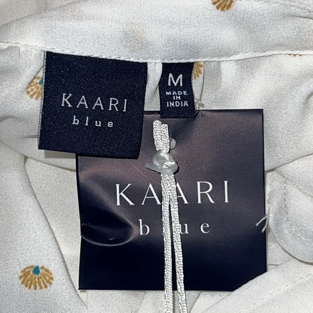 KAARI blue size medium women’s blouse ivory with decorative shell fan dot lined - Image 10