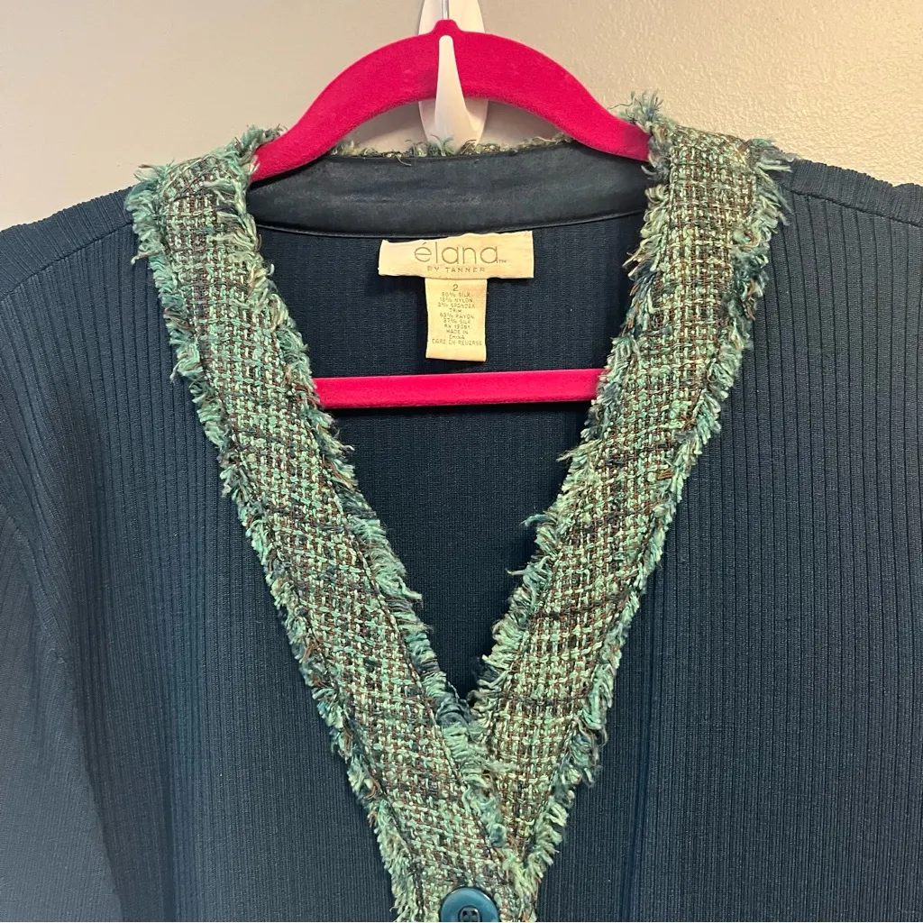 Elana by Tanner Blazer Navy Knit V Neck w/ Pattern Silk Blend Sz 2 EUC Blue - Image 2