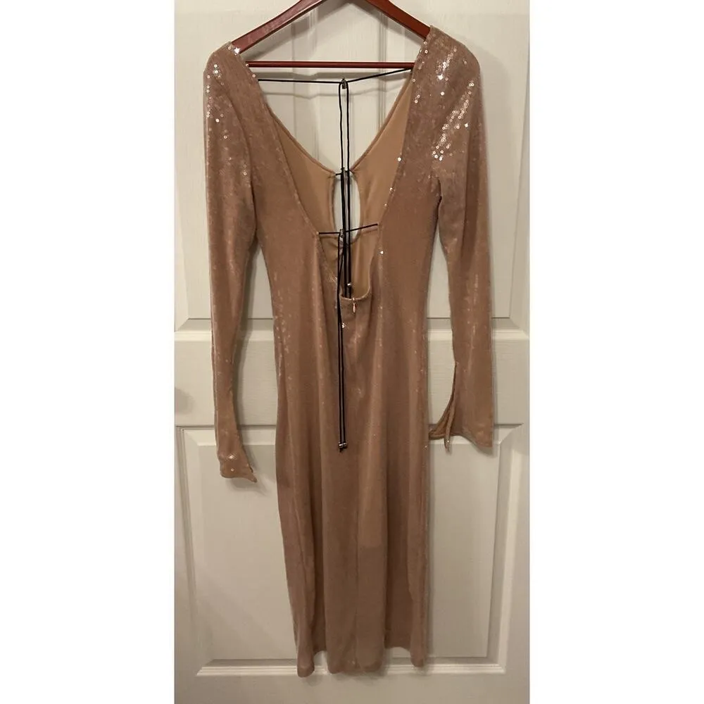 NWOT Meilun Deep V Dress Drawstring Long Sleeve Sequin Dress Long Gown, sz M Gold Size M - Image 4