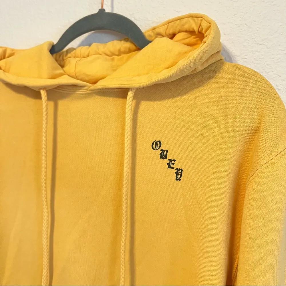 OBEY graphic hoodie, dark yellow, cotton blend, pullover hoodie, pocket, size M - Image 6
