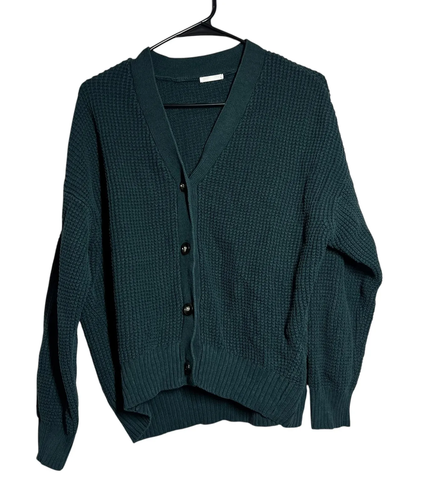 GU Waffle Knit V Neck Button Front Cardigan Sweater Teal Green Size L Size L - Image 1