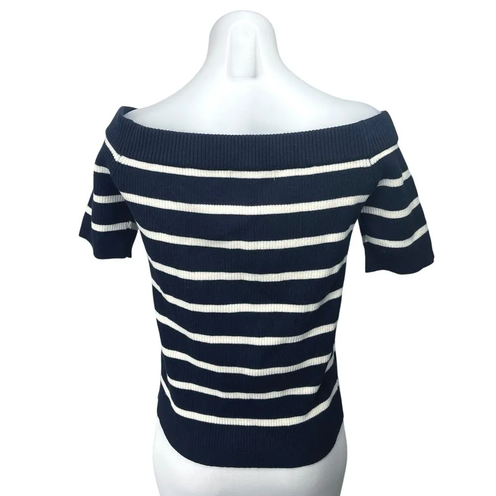 Sunday Stevens Navy Blue White Off The Shoulder Striped Knit Sweater Top Size L Size L - Image 6