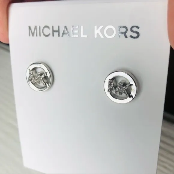 Michael Kors Silver Logo Stud Earrings Round MK Crystal Accent NWT - Image 2