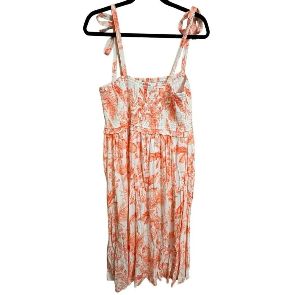 Torrid Coral Orange Tropical Midi Smocked Tie Strap Vacation Luau Dress 1X NWT - Image 2