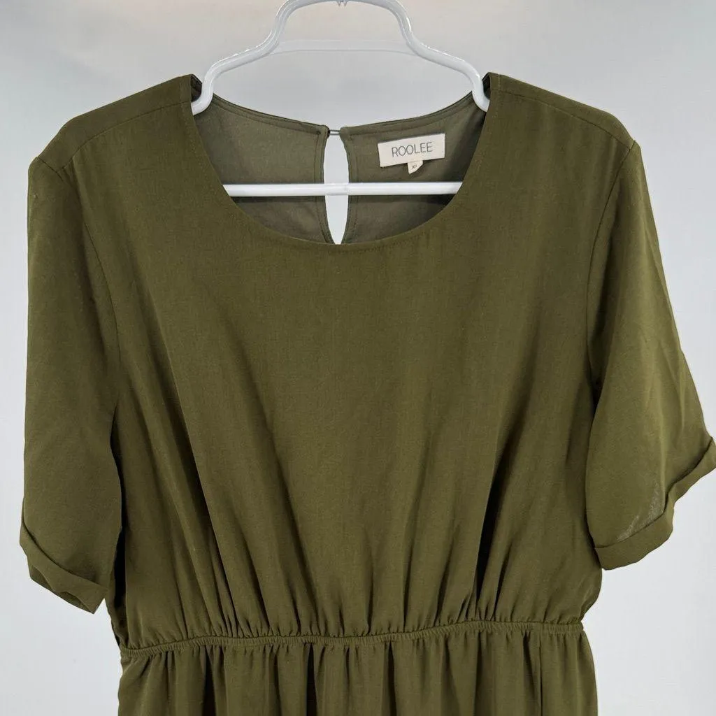 Roolee Olive Green wrap skirt Maxi Dress Flowy XL short sleeve lined boho casual - Image 3