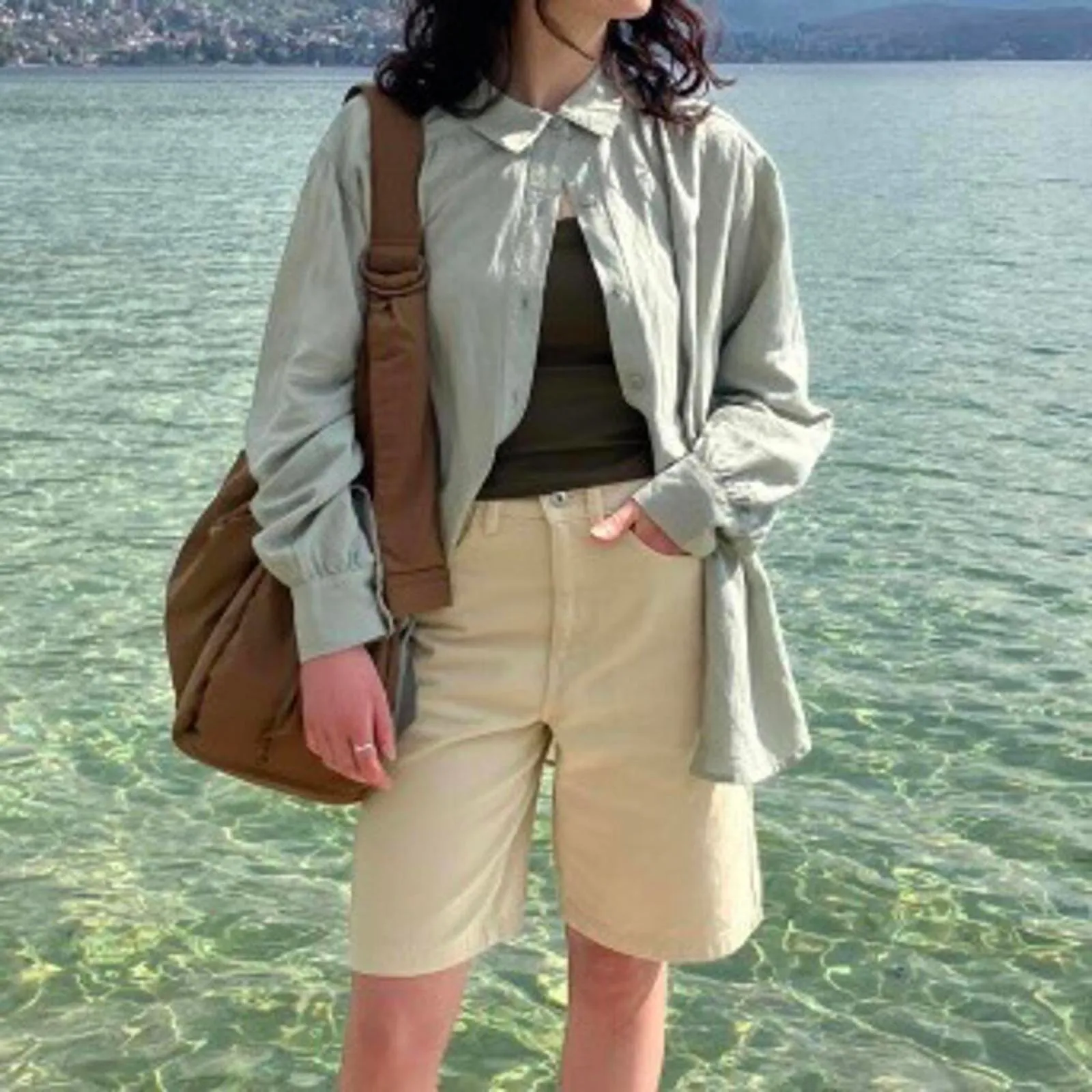 Uniqlo Linen Blend Oversized Shirt Button Up Green NWT Large - Image 7