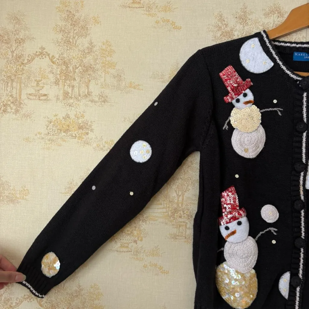 Vintage black sequin snowmen Christmas polka dot winter holiday cardigan sweater - Image 2