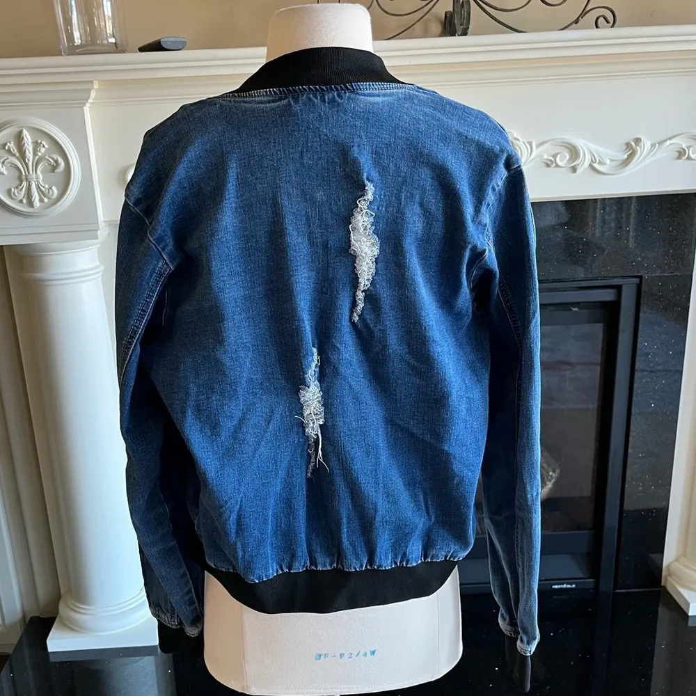 Rad Denim Bomber Jacket Jean Distressed Comfy Small - Image 10