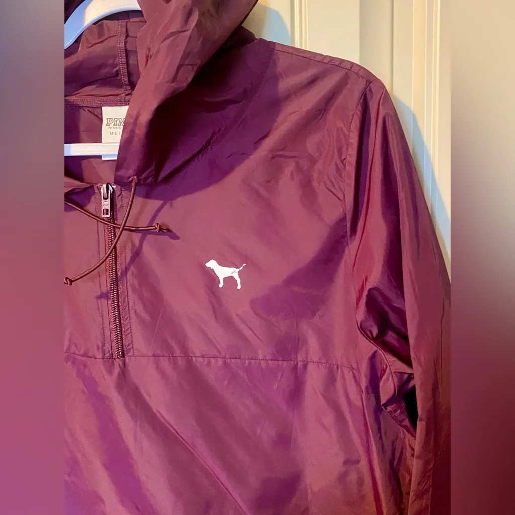 Victoria's Secret PINK Maroon/Burgundy Hooded Pullover Windbreaker Raincoat - Image 5