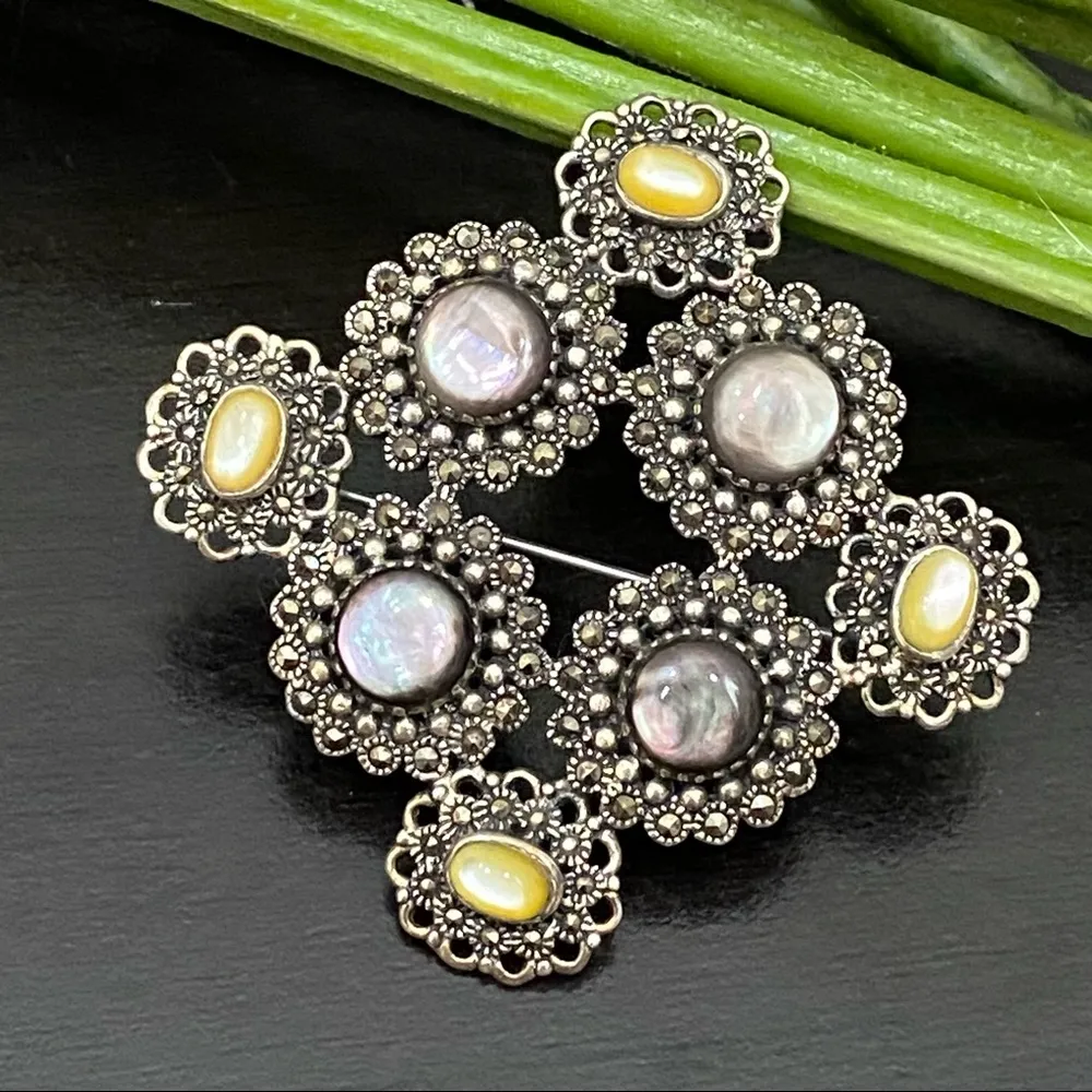 Vintage 925 Sterling Silver Filigree Marcasite Abalone Yellow Moonstone Brooch - Image 3