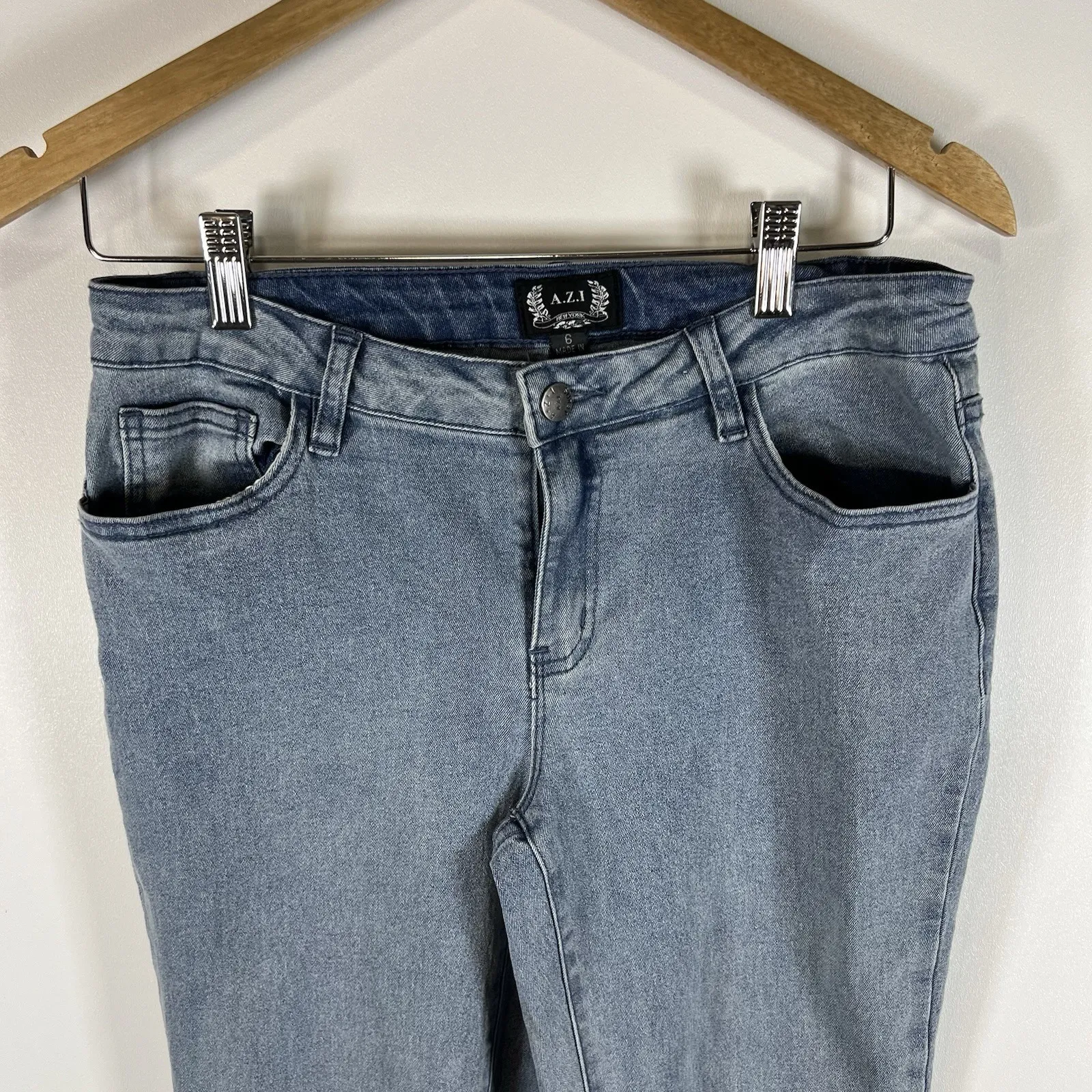 AZI New York Womens Jeans Size 6 Stretch Demin Patchwork Frilled Bottoms Crop Blue - Image 2