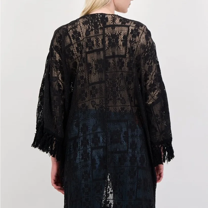 Aerie Crochet Lace Fringe Hem Kimono Women’s M/L Black Floral Swim Coverup Boho - Image 4