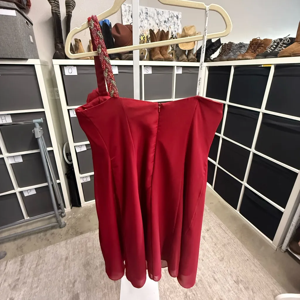 Pretty Maids One Shoulder Beaded Strap Cocktail Scarlet Mini Dress Vintage Red Size 12 - Image 2