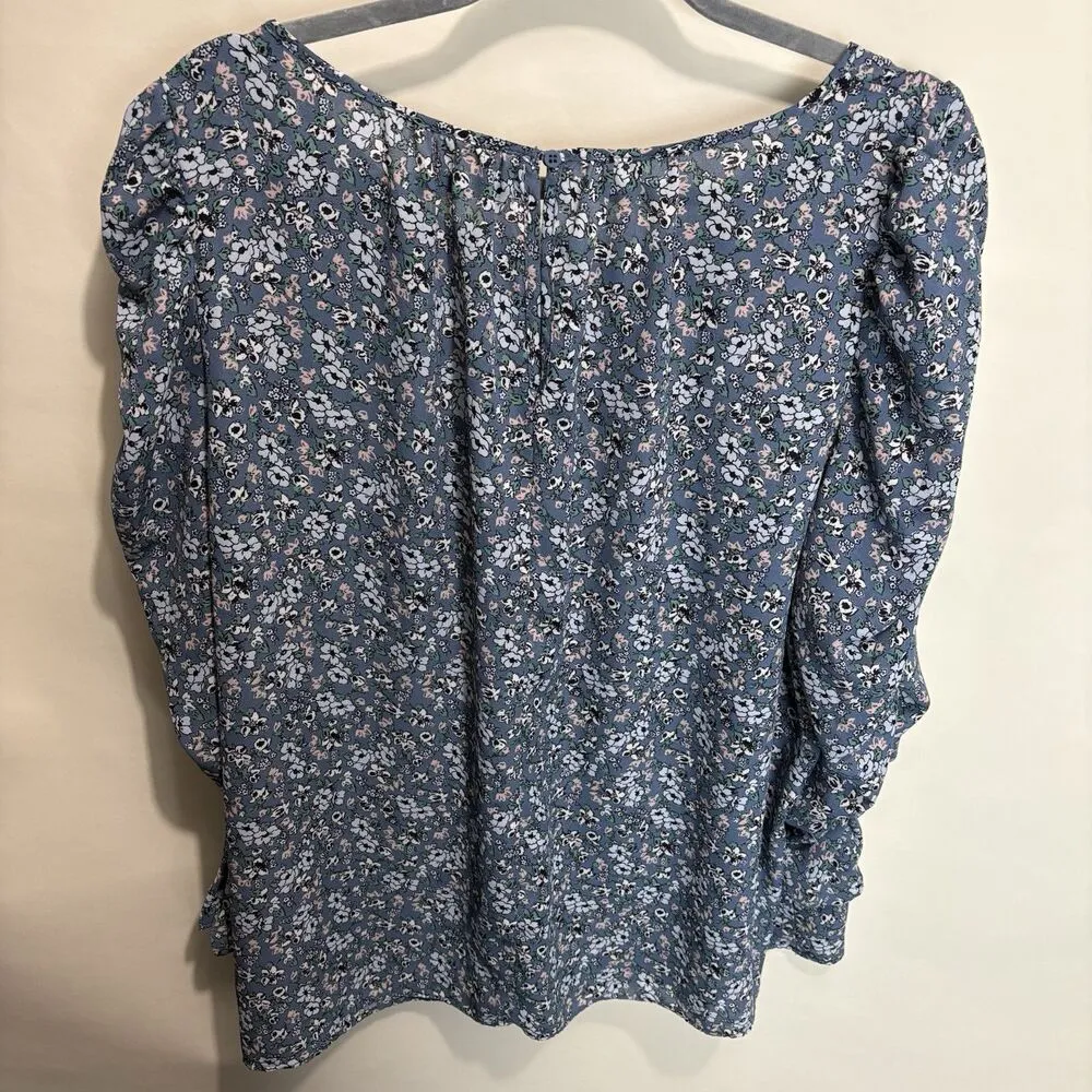 Max Studio Blue Floral Print Crepe Ruched Sleeve Blouse Lightweight 2X Cottage - Image 9