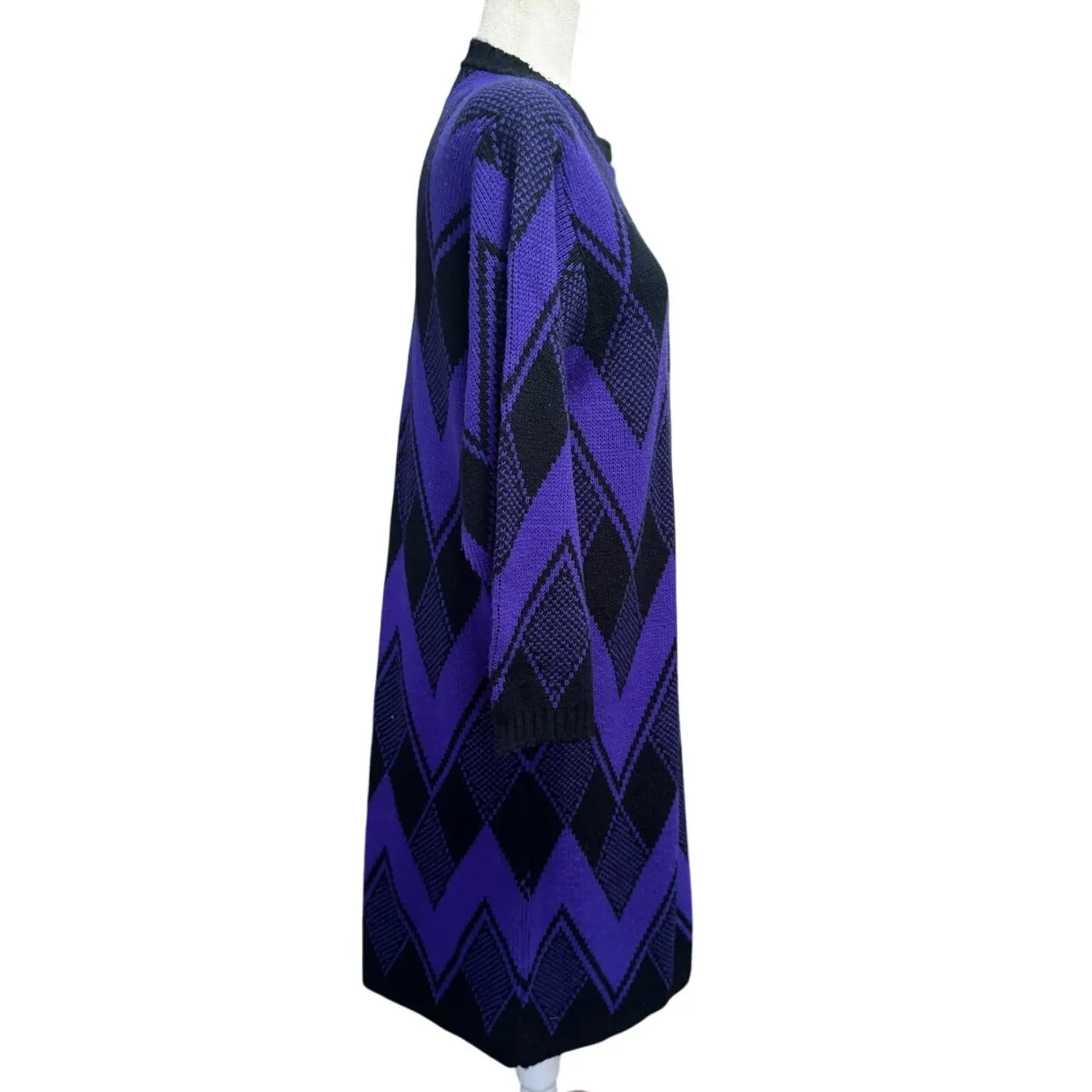 Vintage 1980s Limited Express Sweater Dress Purple Black Chevron Argyle Knit Size L - Image 4