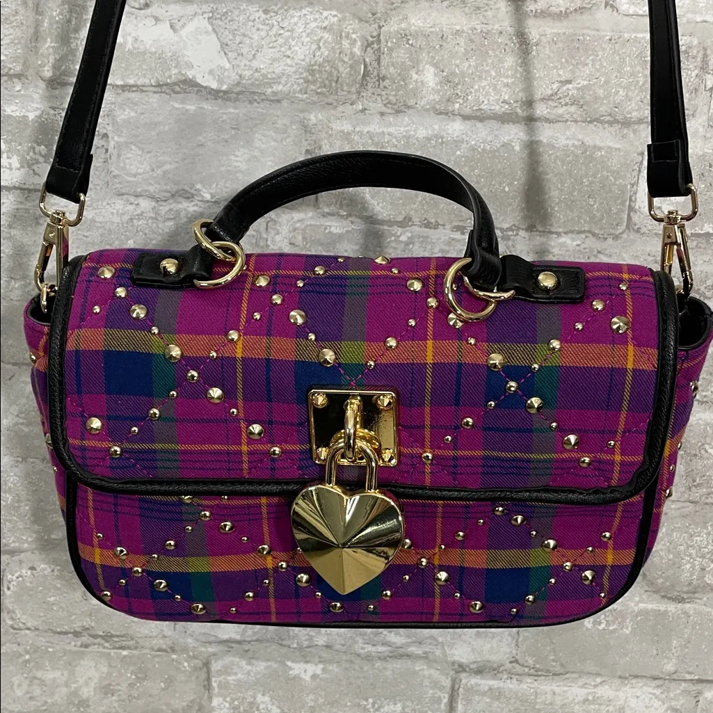 Betsey Johnson Pretty & Punk Plaid Studded Flap Satchel, Pink Multi - Image 5