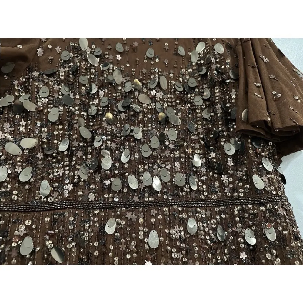 Mac Duggal 24018 Womens Brown Flutter Sleeve Sheer Top Beaded Dress Gown 16 - Image 4