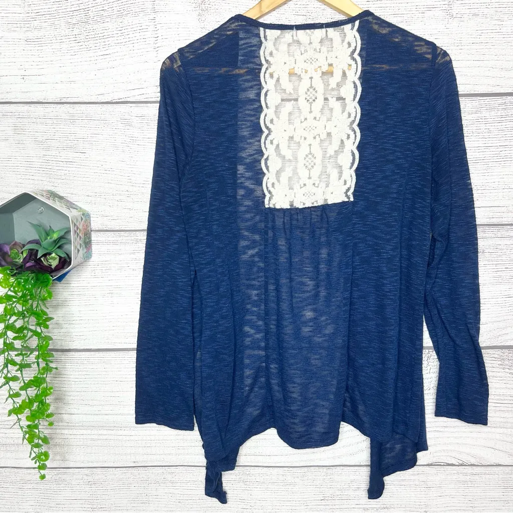 Boho Blue & White Sheer Lace Panel Back Open Front Cardigan Sweater Size Large - Image 5