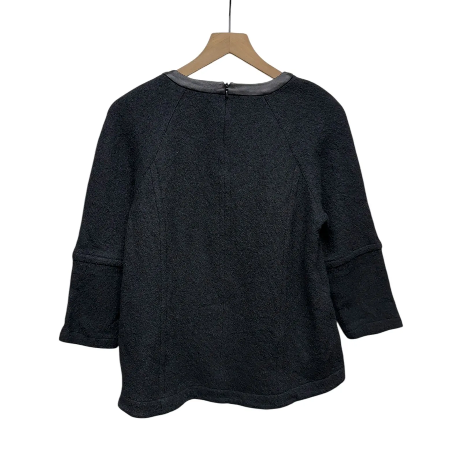 Madewell‎ Sweater Women Sz L Black Wool Leather Trim Zipper Pullover 3/4 Sleeve - Image 3