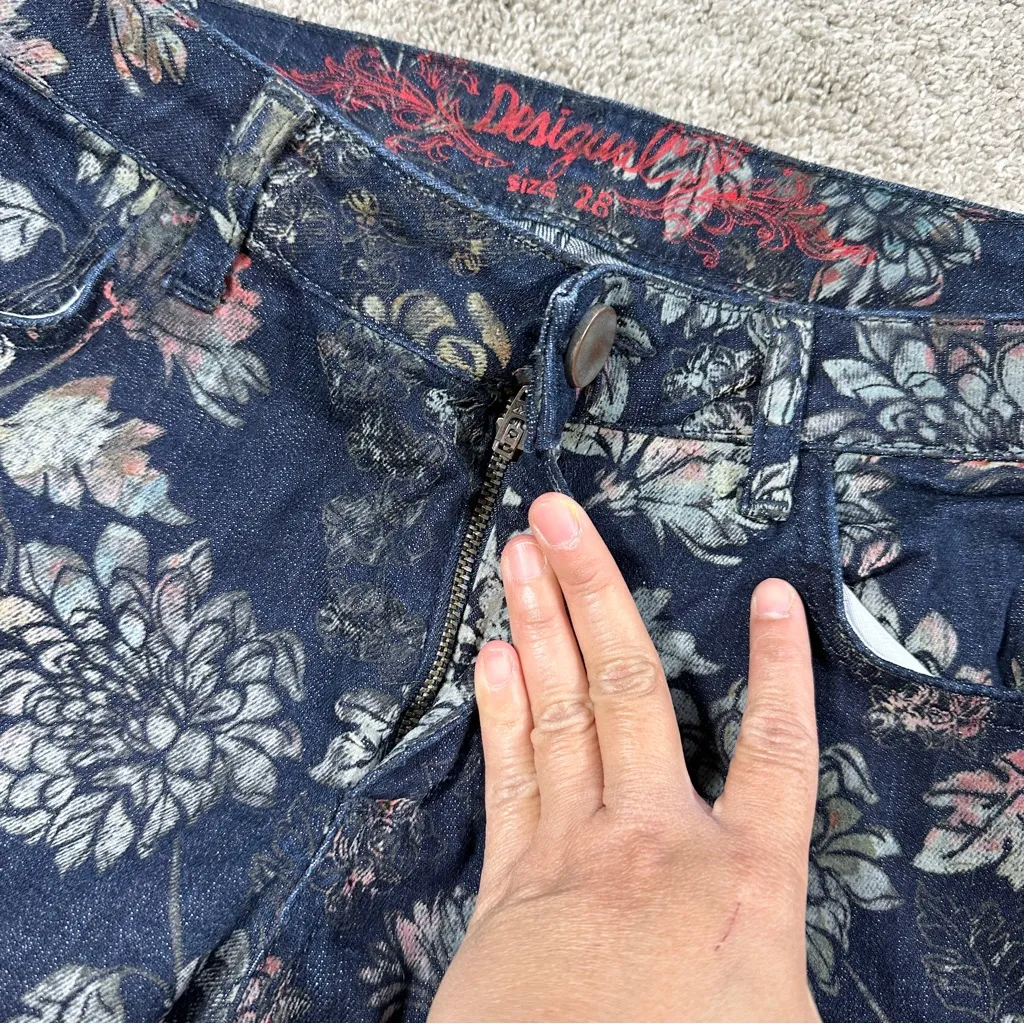 Desigual Women’s Navy Floral Skinny Leg Jeans Mid Rise Artsy Boho Art to Wear 28 - Image 10