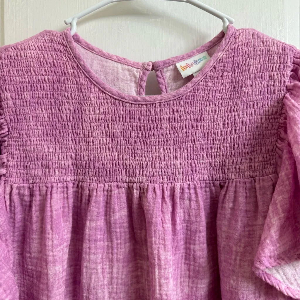 Lularoe Maddy Womens Size L Purple Tie Dye Gauze Flutter Sleeve Smocked Top - Image 3