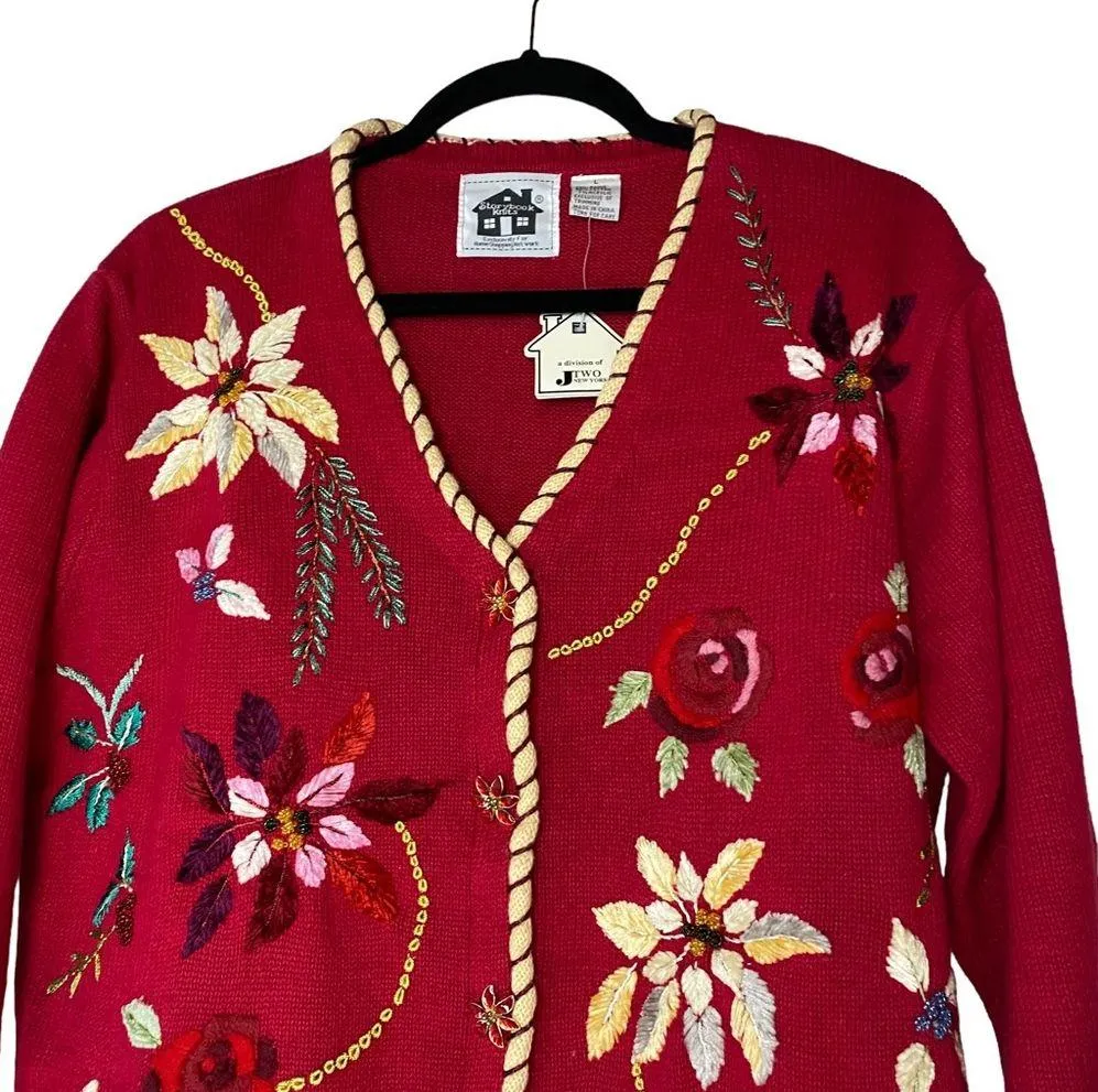 Storybook Knits Vintage Holiday Floral Christmas Cardigan Sweater Large - Image 5