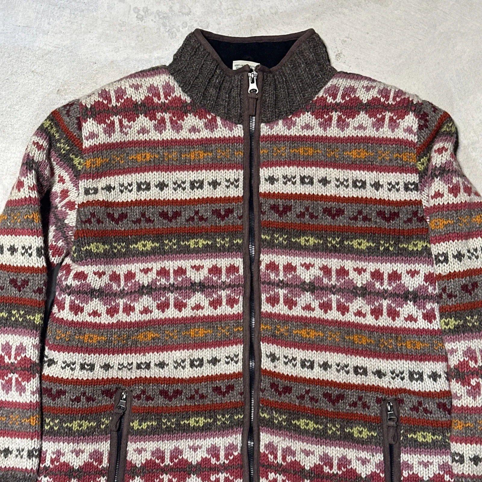 Pachamama Fair Isle 100% Handmade Wool Knit Jumper Woman's SZ L Jacket Zip Up Size L - Image 2