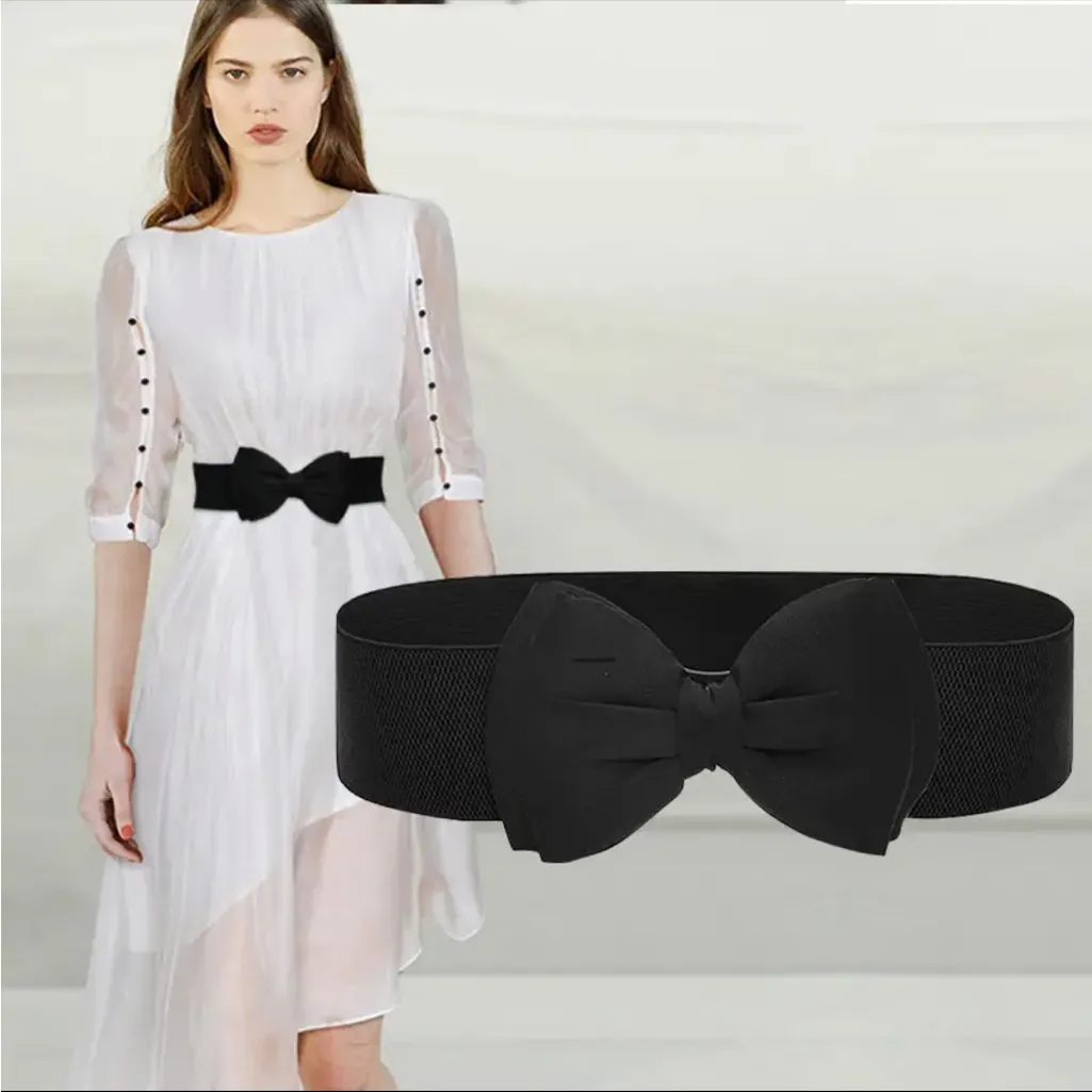 1pc Fashionable Elastic Wide Bowknot Waistband‎ Decorative Belt Size XS Black - Image 3
