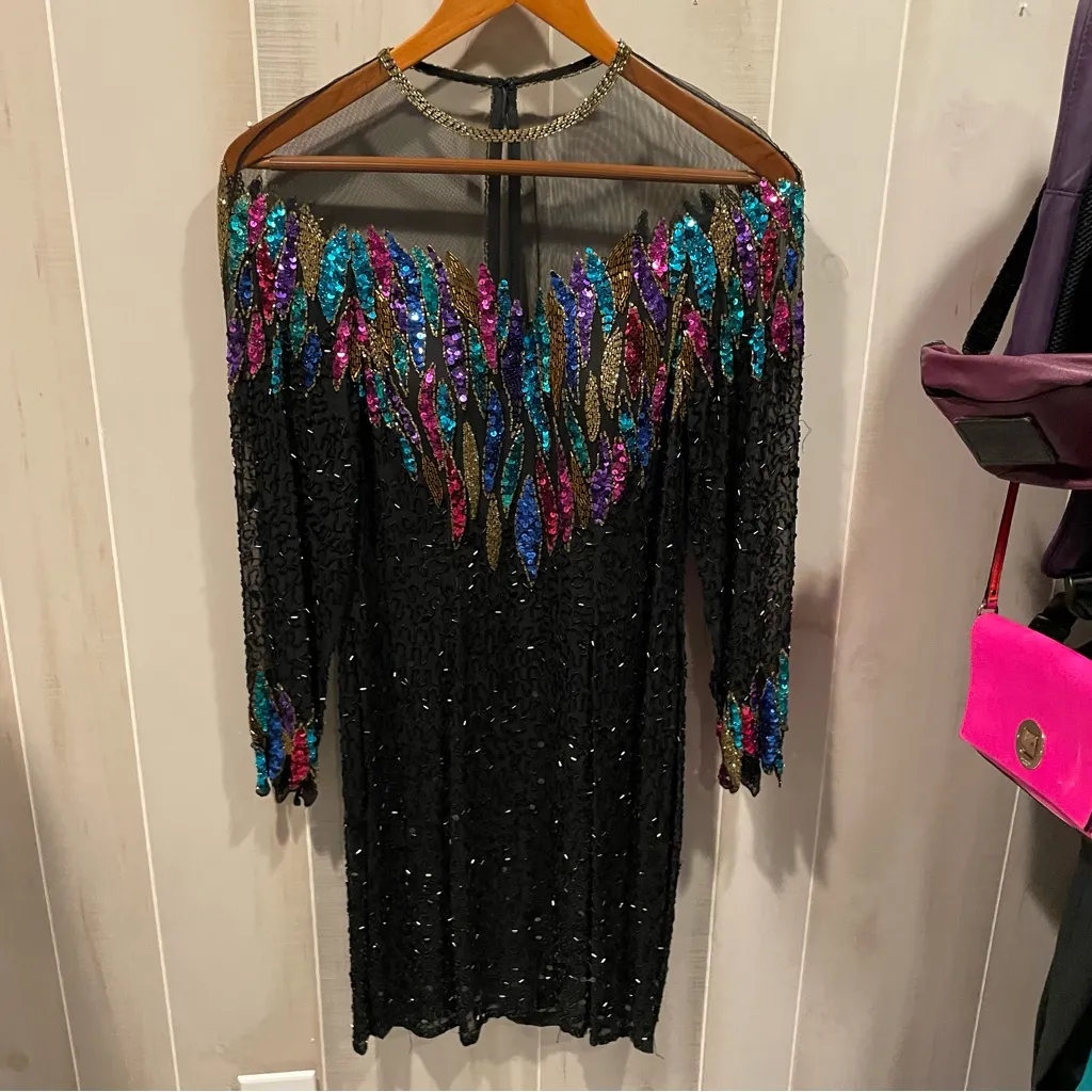 Vintage 80s Nite Line silk mesh beaded sequin floating neckline mini dress fancy Black Size XS - Image 14