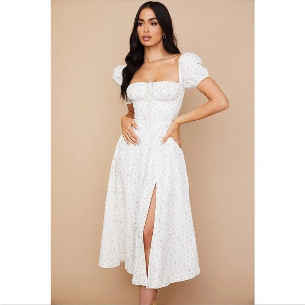 HOUSE OF CB 'Tallulah' White Floral‎ Puff Sleeve Midi Dress NWOT L - Image 9