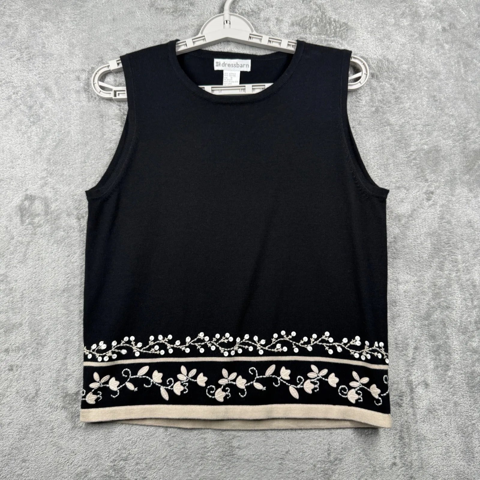 Dressbarn Knit Sweater Vest Tank Top S Black Floral Embroidered‎ Sequins 90s Y2K - Image 2