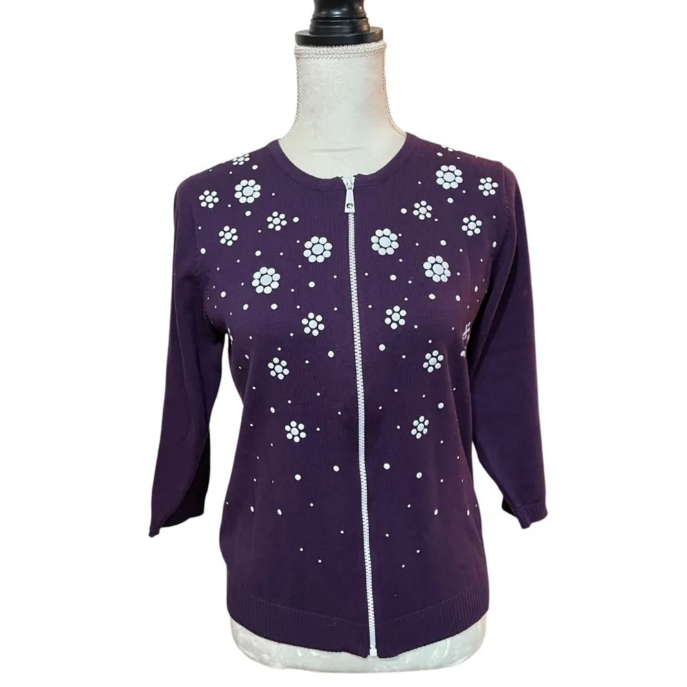 Womens Zip Up Cardigan 90s Clueless Daisy Flowers Sz Small Purple - Image 6